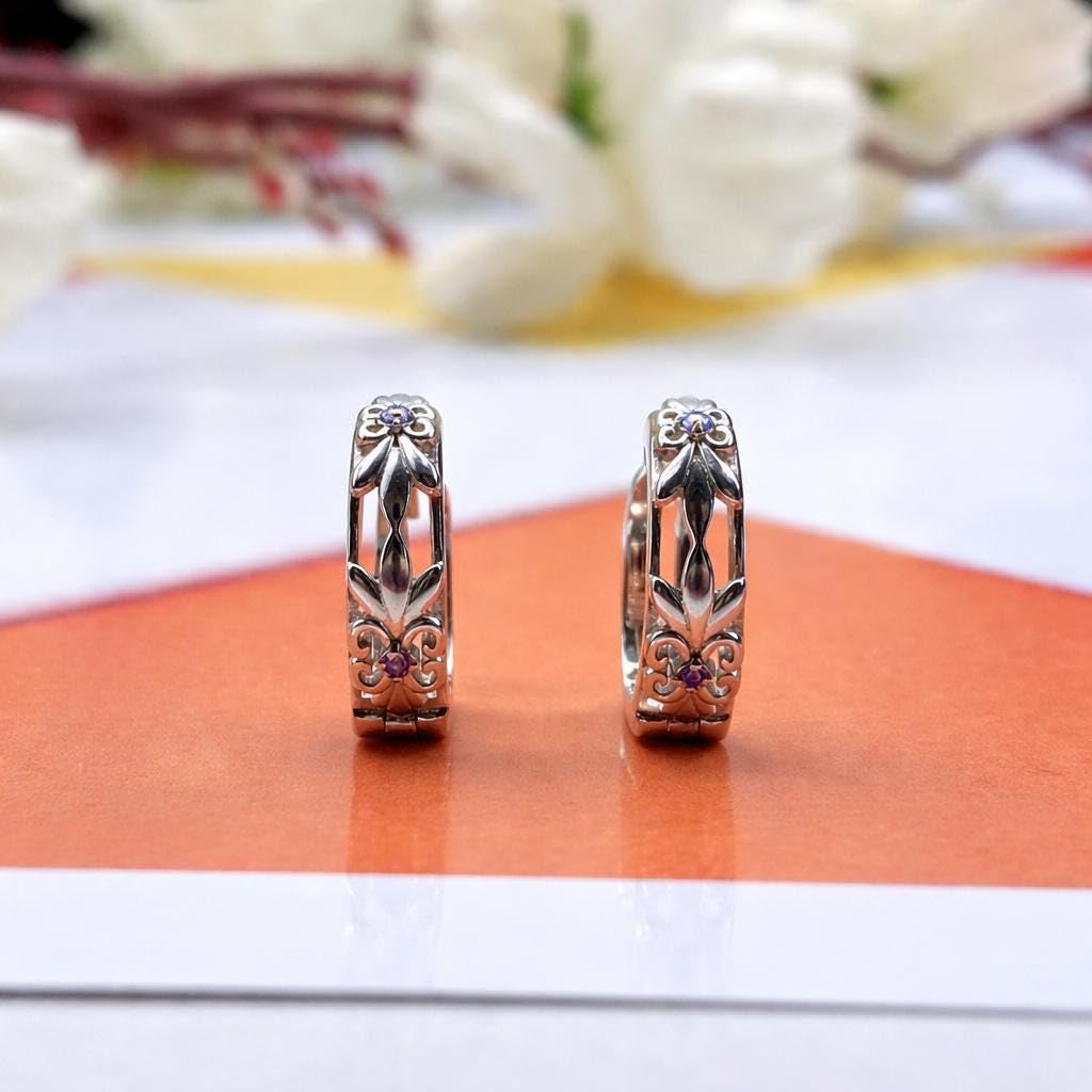 AMONROO® 925 Silver Jewellery for Women - 925 Sterling Silver Vintage Floral Blue CZ Huggie Hoop Earrings, Dainty Daily Wear | 925 Stamp, Warranty & Authenticity Certificate