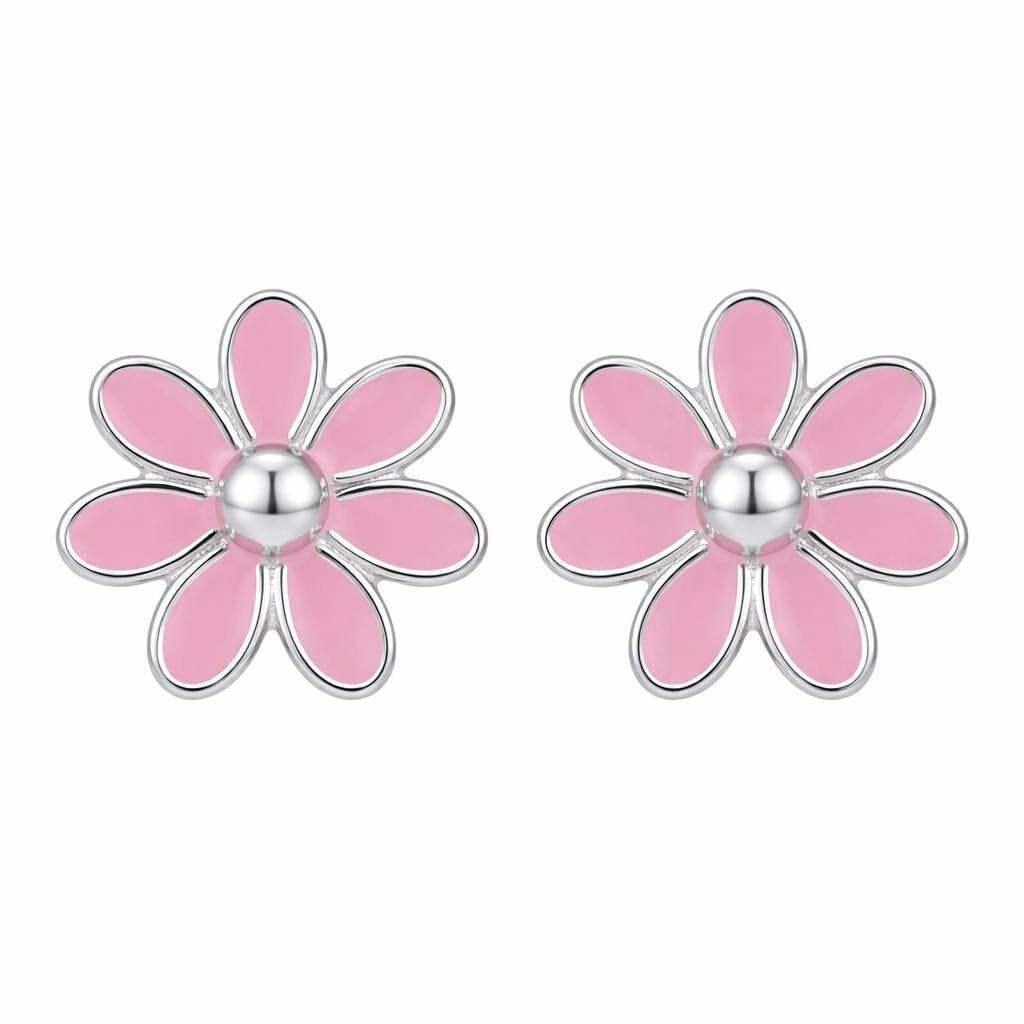 AMONROO® 925 Silver Jewellery for Women - 925 Sterling Silver Pink Daisy Enamel Stud Earrings, Floral Earrings, Daily Wear Jewellery | 925 Stamp, Warranty & Authenticity Certificate