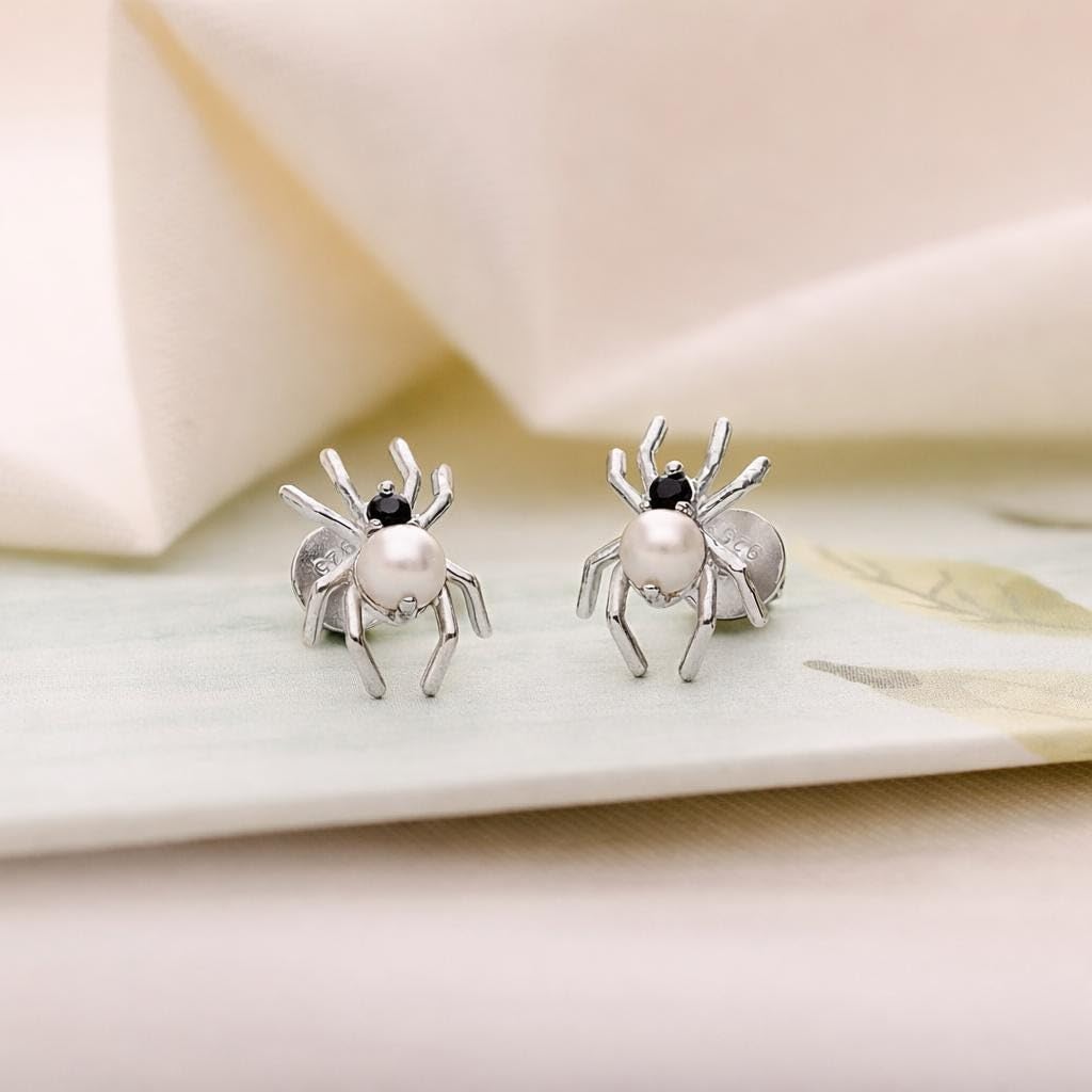AMONROO® 925 Silver Jewellery for Women - 925 Sterling Silver Spider Pearl CZ Stud Earrings, Halloween Earrings, Gothic Jewellery Gift | 925 Stamp, Warranty & Authenticity Certificate