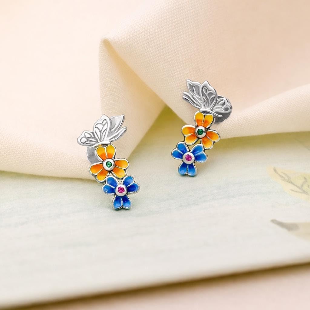 AMONROO® 925 Silver Jewellery for Women - 925 Sterling Silver Butterfly Flower Enamel Stud Earrings, Colourful Floral Jewellery | 925 Stamp, Warranty & Authenticity Certificate