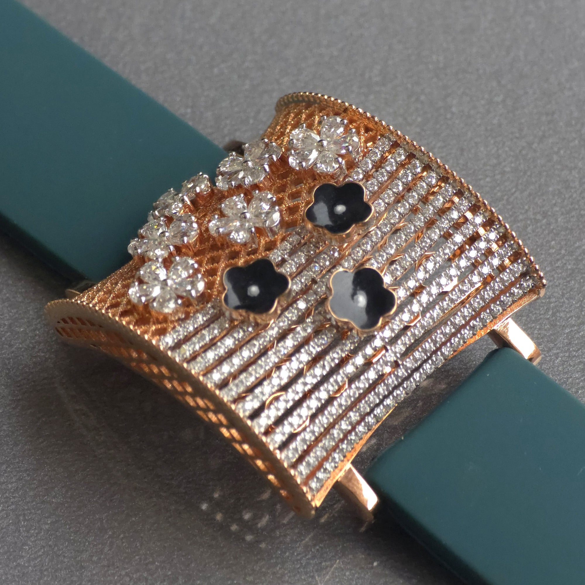 Moissanite & Black Enamel Flower In 925 Sterling Silver Bracelet, Pear And Round White Moissanites Watch Bracelet, Unique Women's Bracelet