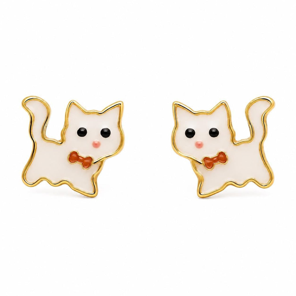 AMONROO® 925 Silver Jewellery for Women - 925 Sterling Silver White Cat Enamel Stud Earrings, Kitty Jewellery, Gift for Women | 925 Stamp, Warranty & Authenticity Certificate