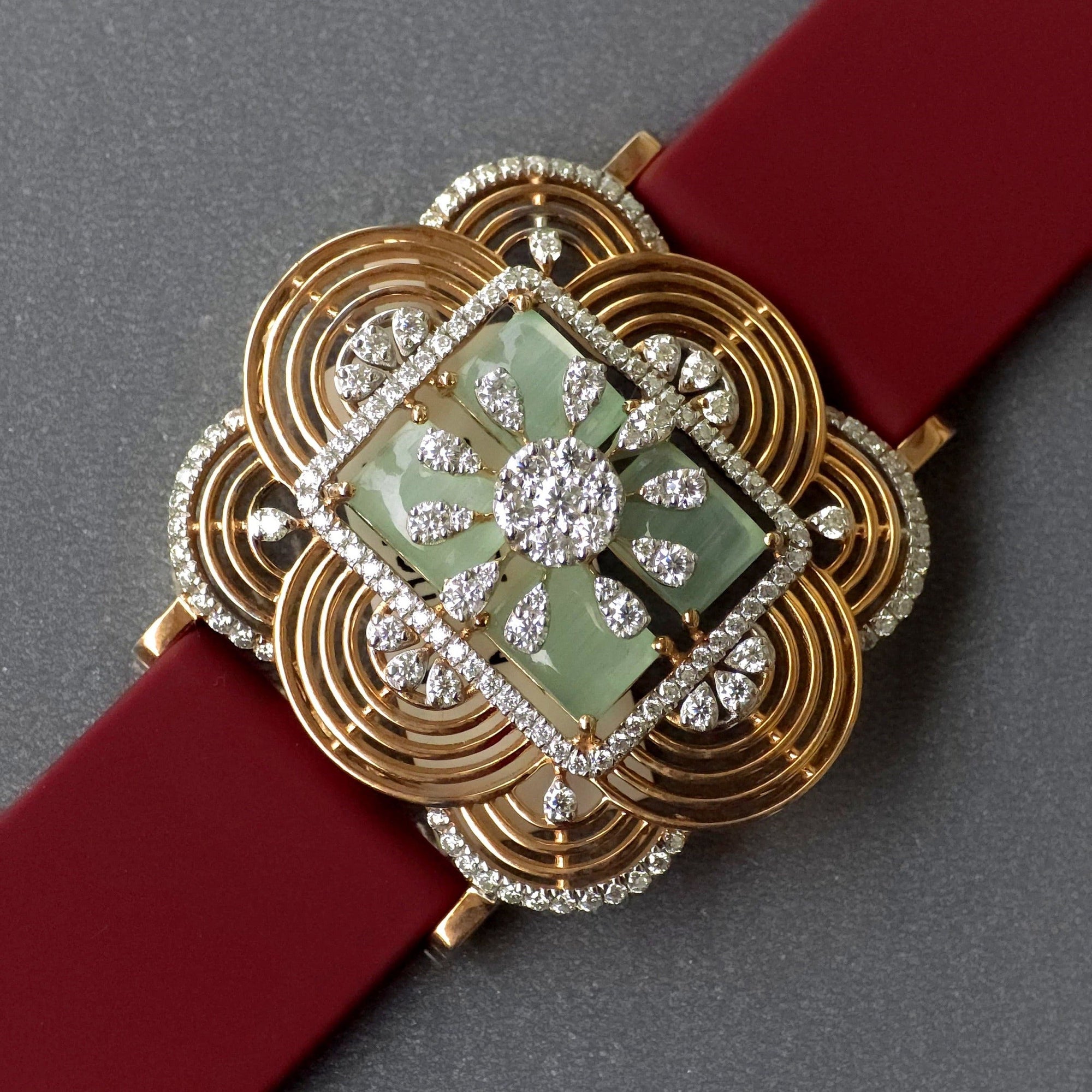 Handcrafted Floral Design In 925 Sterling Silver Bracelet, Real White Moissanites & Green Jade Watch Bracelet, Unique Women's Bracelet