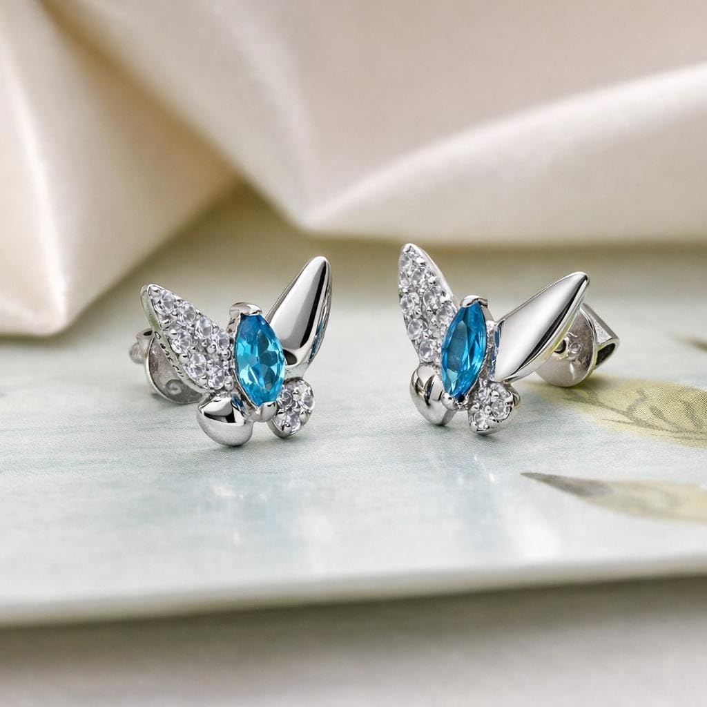 AMONROO® 925 Silver Jewellery for Women - 925 Sterling Silver Blue Marquise CZ Butterfly Stud Earrings, Dainty Butterfly Jewellery | 925 Stamp, Warranty & Authenticity Certificate