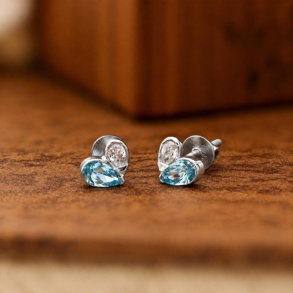 AMONROO® 925 Silver Jewellery for Women - 925 Sterling Silver Blue White CZ Heart Stud Earrings, Dainty Gemstone Earrings, Gift for Women | 925 Stamp, Warranty & Authenticity Certificate