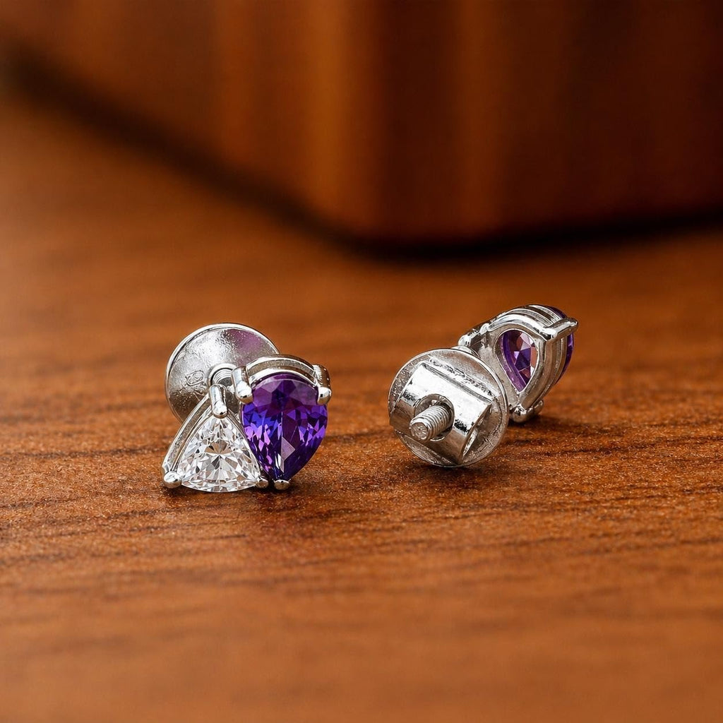 AMONROO® 925 Silver Jewellery for Women - 925 Sterling Silver Purple Amethyst White CZ Stud Earrings, Two Stone Dainty Jewellery | 925 Stamp, Warranty & Authenticity Certificate