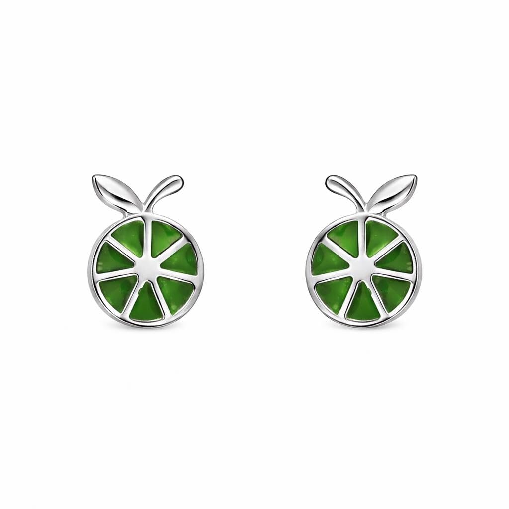 AMONROO® 925 Silver Jewellery for Women - 925 Sterling Silver Lime Slice Green Enamel Stud Earrings, Fruit Design Jewellery | 925 Stamp, Warranty & Authenticity Certificate