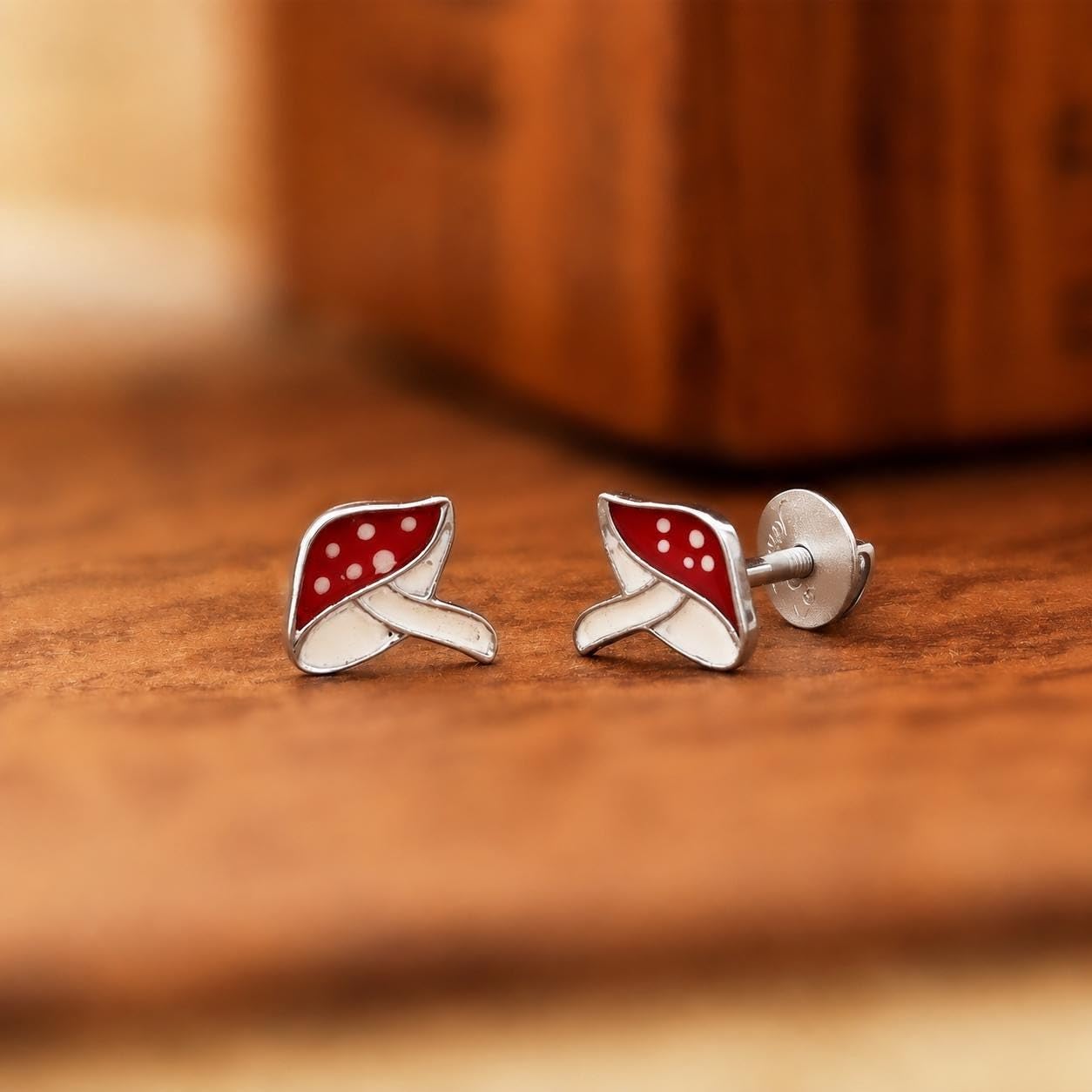 AMONROO® 925 Silver Jewellery for Women - 925 Sterling Silver Red Mushroom Enamel Stud Earrings, Nature Jewellery, Gift for Her | 925 Stamp, Warranty & Authenticity Certificate