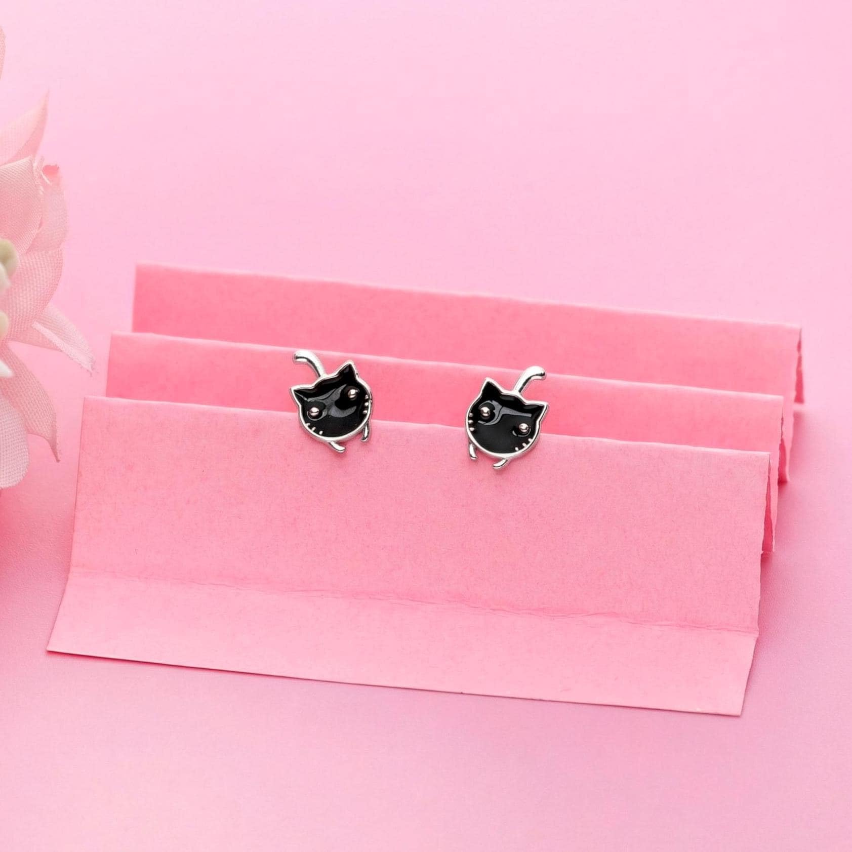 AMONROO® 925 Silver Jewellery for Women - 925 Sterling Silver Black Cat Enamel Stud Earrings, Cat Earrings, Animal Jewellery Gift | 925 Stamp, Warranty & Authenticity Certificate