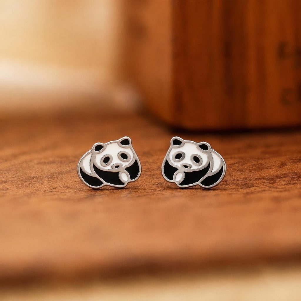 AMONROO® 925 Silver Jewellery for Women - 925 Sterling Silver Panda Enamel Stud Earrings, Animal Jewellery, Gift for Girls | 925 Stamp, Warranty & Authenticity Certificate