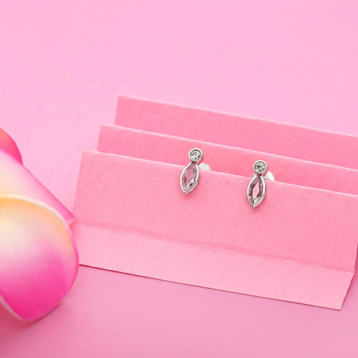 AMONROO® 925 Silver Jewellery for Women - 925 Sterling Silver Pink Marquise CZ Stud Earrings, Pink Stone Earrings, Dainty Jewellery Gift | 925 Stamp, Warranty & Authenticity Certificate