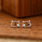 AMONROO® 925 Silver Jewellery for Women - 925 Sterling Silver Cat Face CZ Stud Earrings, Cat Outline Earrings, Kitty Jewellery | 925 Stamp, Warranty & Authenticity Certificate