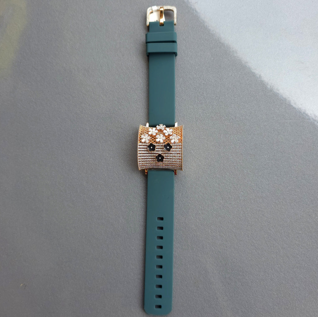 Moissanite & Black Enamel Flower In 925 Sterling Silver Bracelet, Pear And Round White Moissanites Watch Bracelet, Unique Women's Bracelet