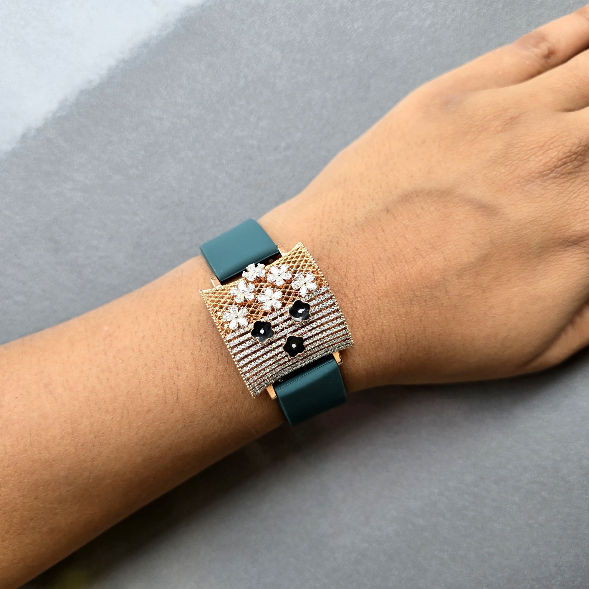 Moissanite & Black Enamel Flower In 925 Sterling Silver Bracelet, Pear And Round White Moissanites Watch Bracelet, Unique Women's Bracelet
