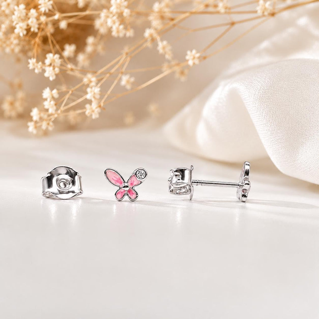 AMONROO® 925 Silver Jewellery for Women - 925 Sterling Silver Pink Butterfly Enamel CZ Stud Earrings, Dainty Butterfly Jewellery | 925 Stamp, Warranty & Authenticity Certificate