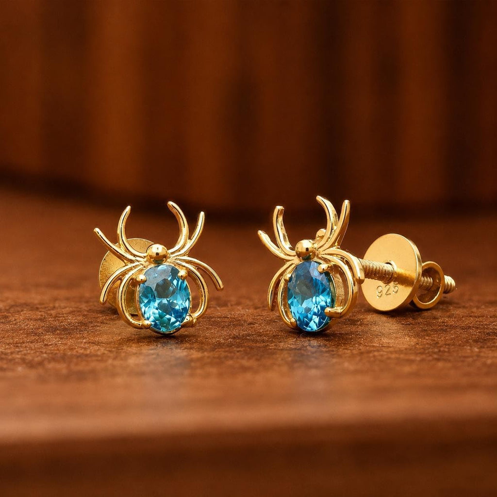 AMONROO® 925 Silver Jewellery for Women - 925 Sterling Silver Blue CZ Spider Stud Earrings, Gold Finish Halloween Earrings, Gift | 925 Stamp, Warranty & Authenticity Certificate