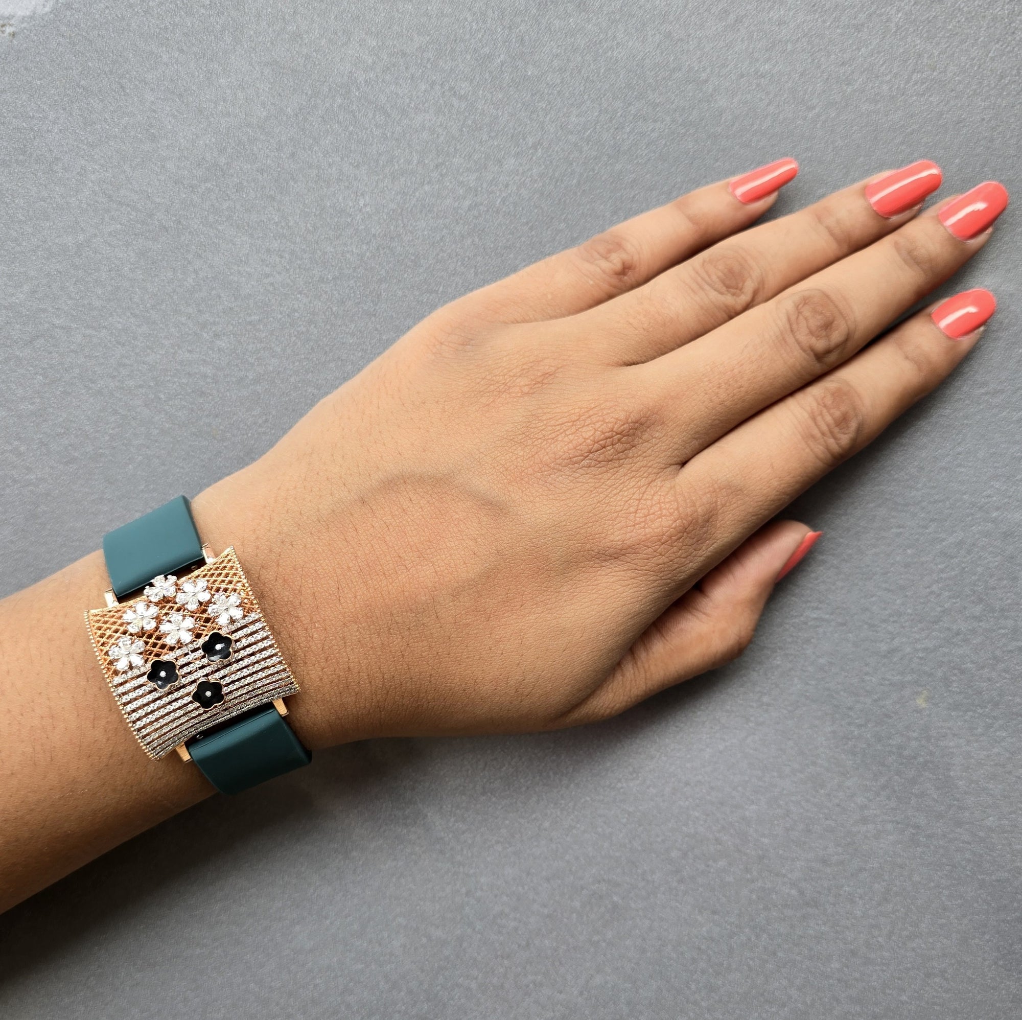 Moissanite & Black Enamel Flower In 925 Sterling Silver Bracelet, Pear And Round White Moissanites Watch Bracelet, Unique Women's Bracelet