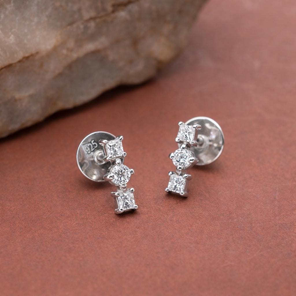 925 Sterling Silver Trio CZ Stud Earrings, Minimal Dainty Diamond Look Studs