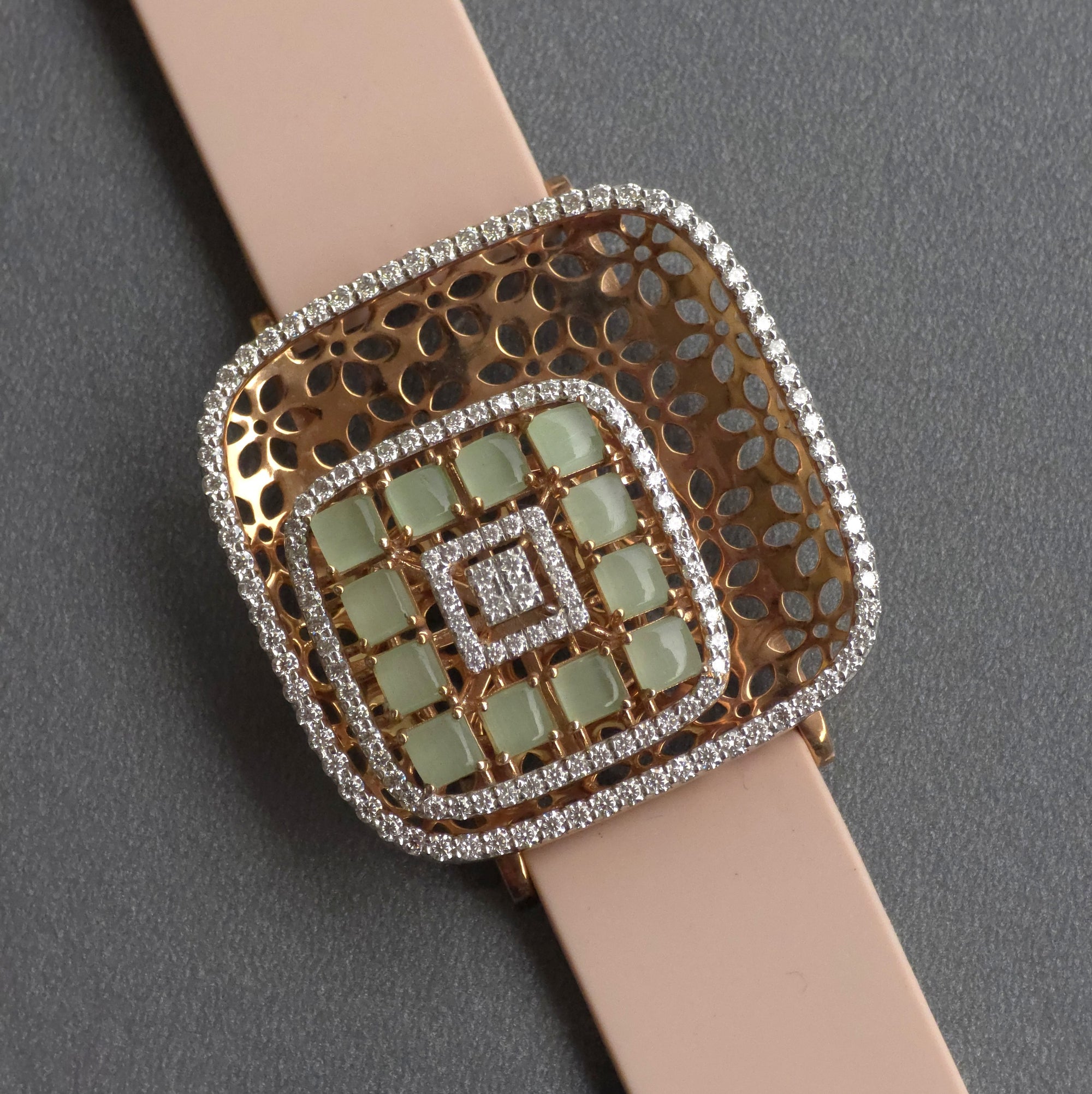 Amazing Floating Squares Floral Design In 925 Sterling Silver Bracelet, Real White Moissanites & Jade Watch Bracelet, Unique Woman Bracelet