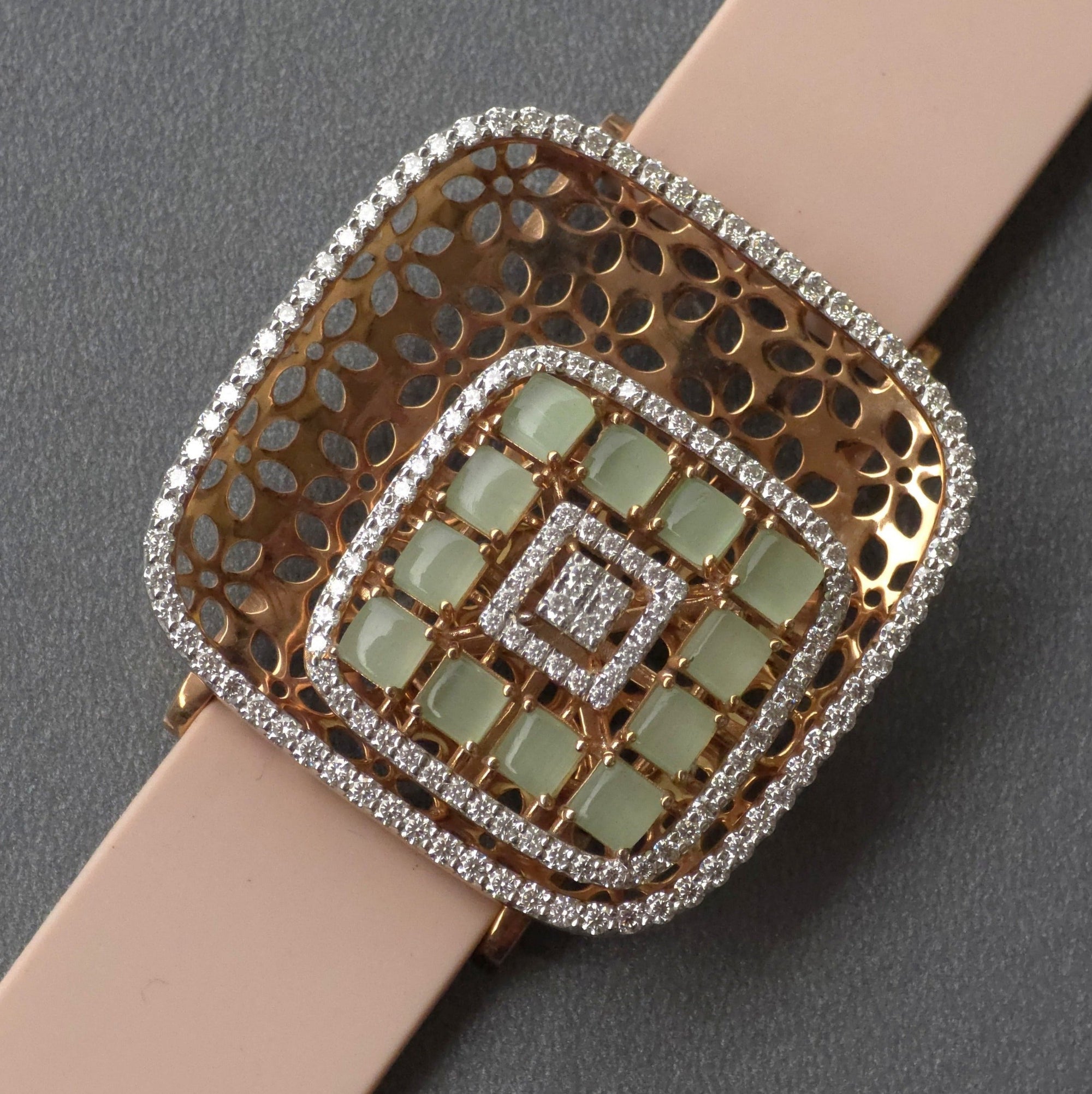 Amazing Floating Squares Floral Design In 925 Sterling Silver Bracelet, Real White Moissanites & Jade Watch Bracelet, Unique Woman Bracelet
