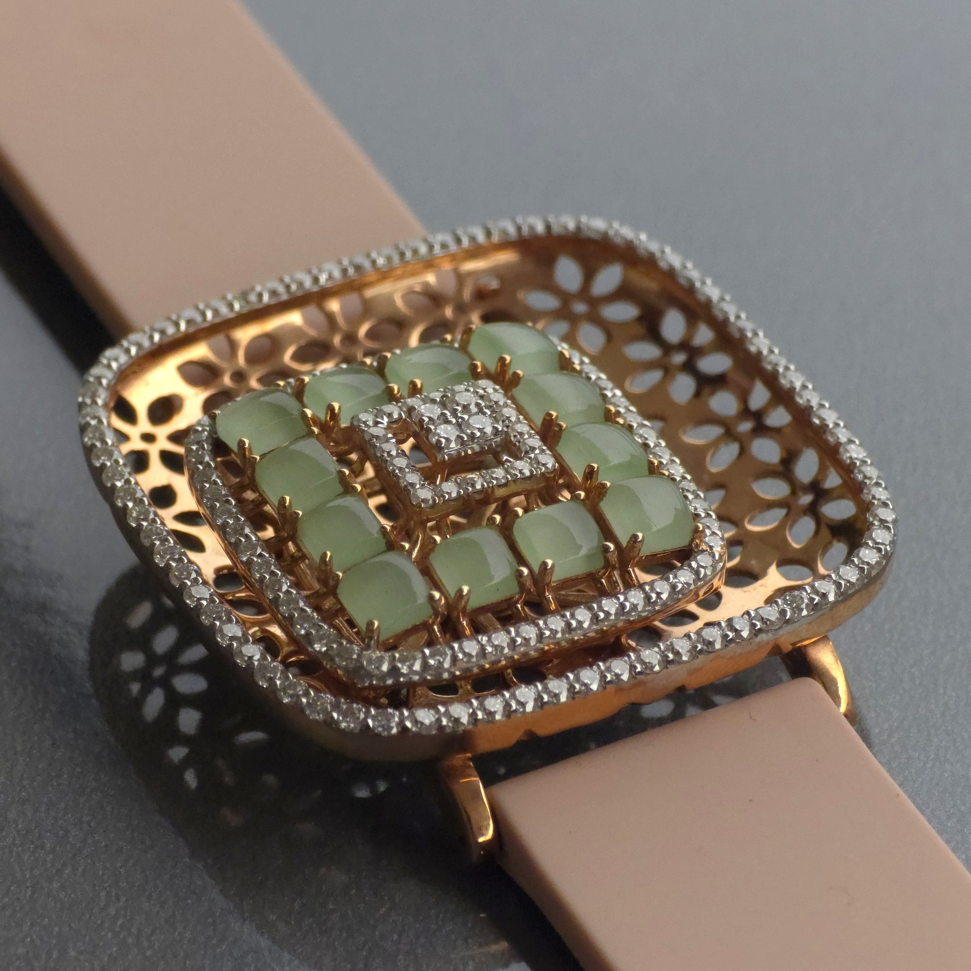Amazing Floating Squares Floral Design In 925 Sterling Silver Bracelet, Real White Moissanites & Jade Watch Bracelet, Unique Woman Bracelet