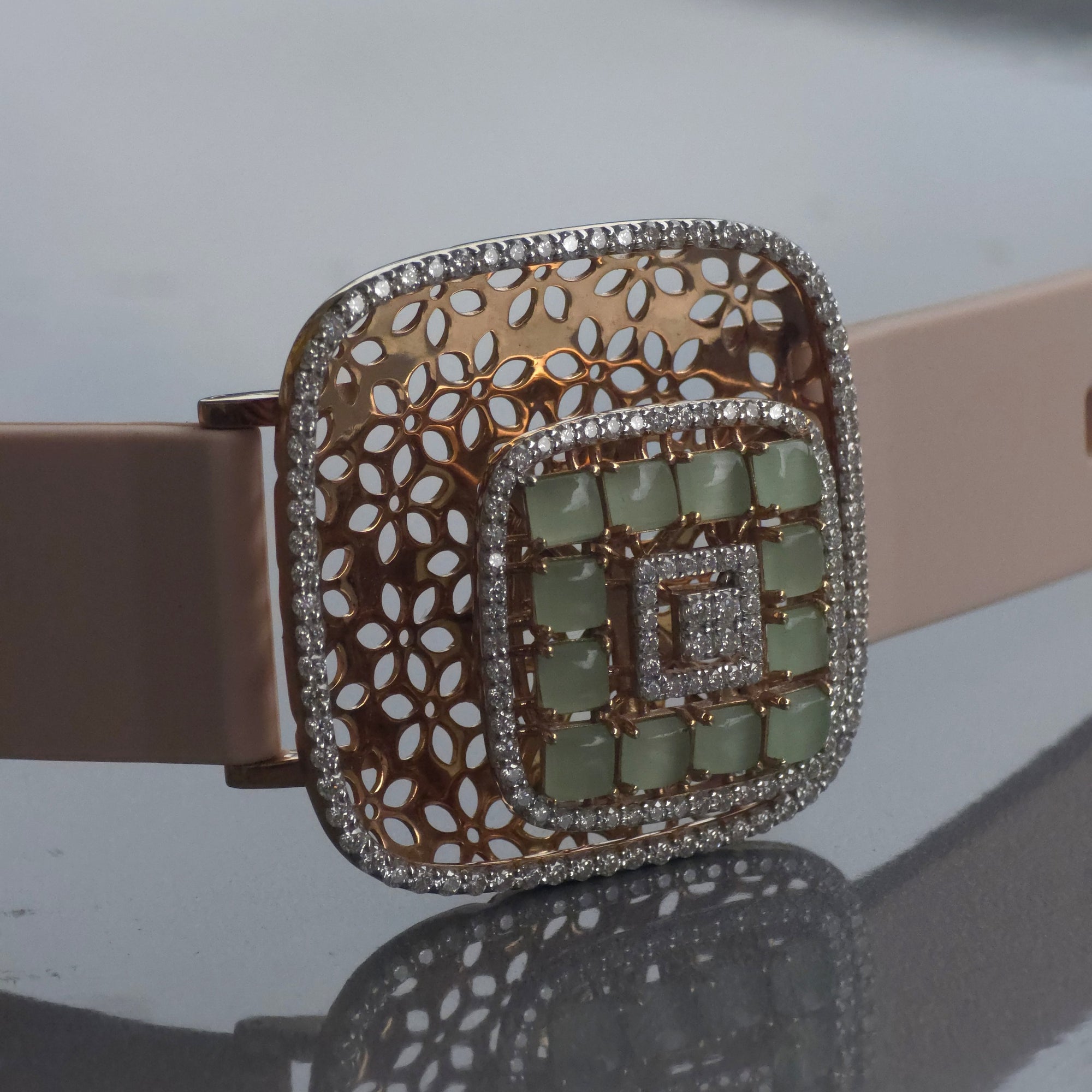 Amazing Floating Squares Floral Design In 925 Sterling Silver Bracelet, Real White Moissanites & Jade Watch Bracelet, Unique Woman Bracelet