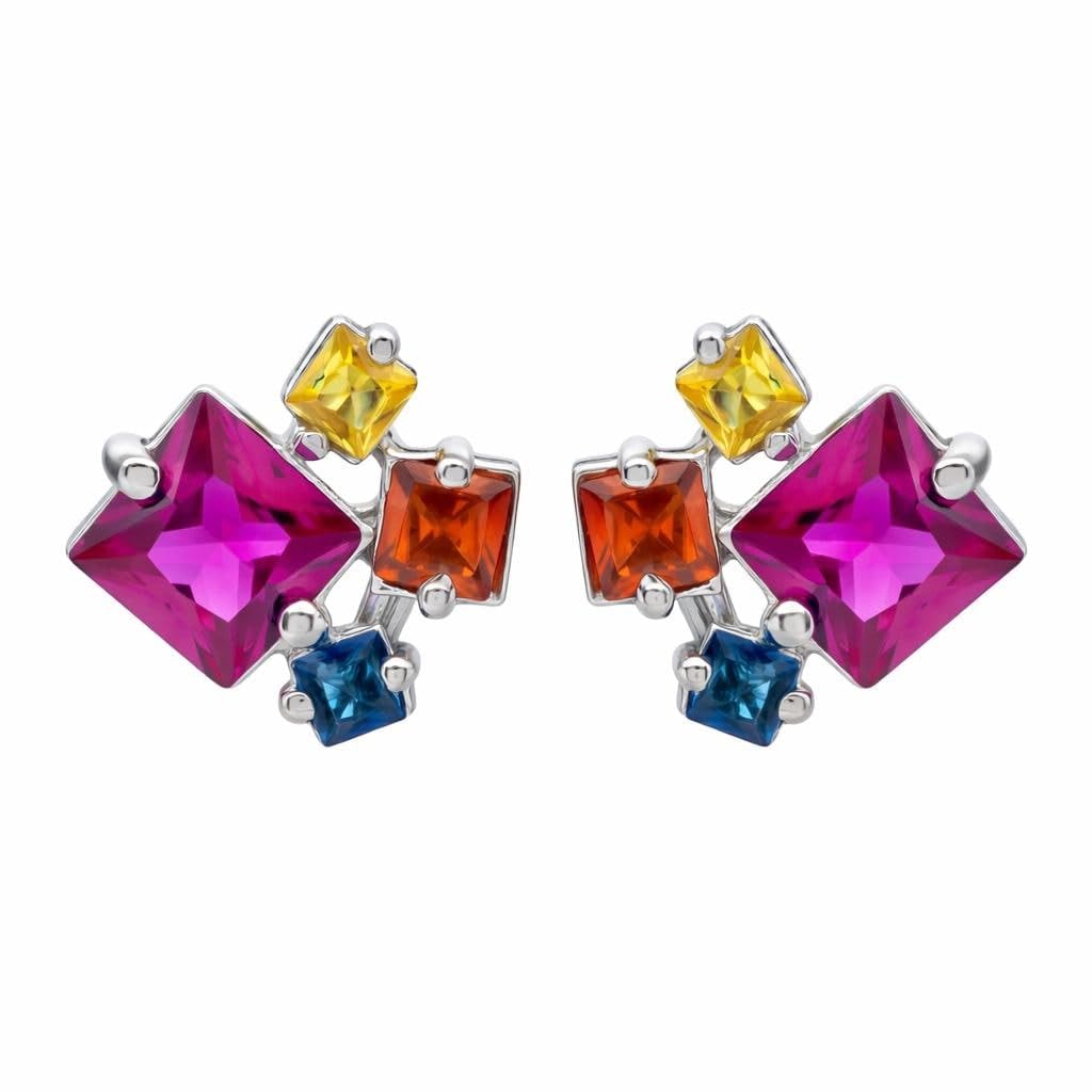 AMONROO® 925 Silver Jewellery for Women - 925 Sterling Silver Multicolour CZ Stud Earrings, Colourful Gemstone Earrings | 925 Stamp, Warranty & Authenticity Certificate