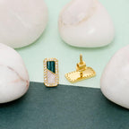 925 Sterling Silver Geometric Green Stud Earrings - Gold Finish Minimalist Art Deco Dainty Jewelry