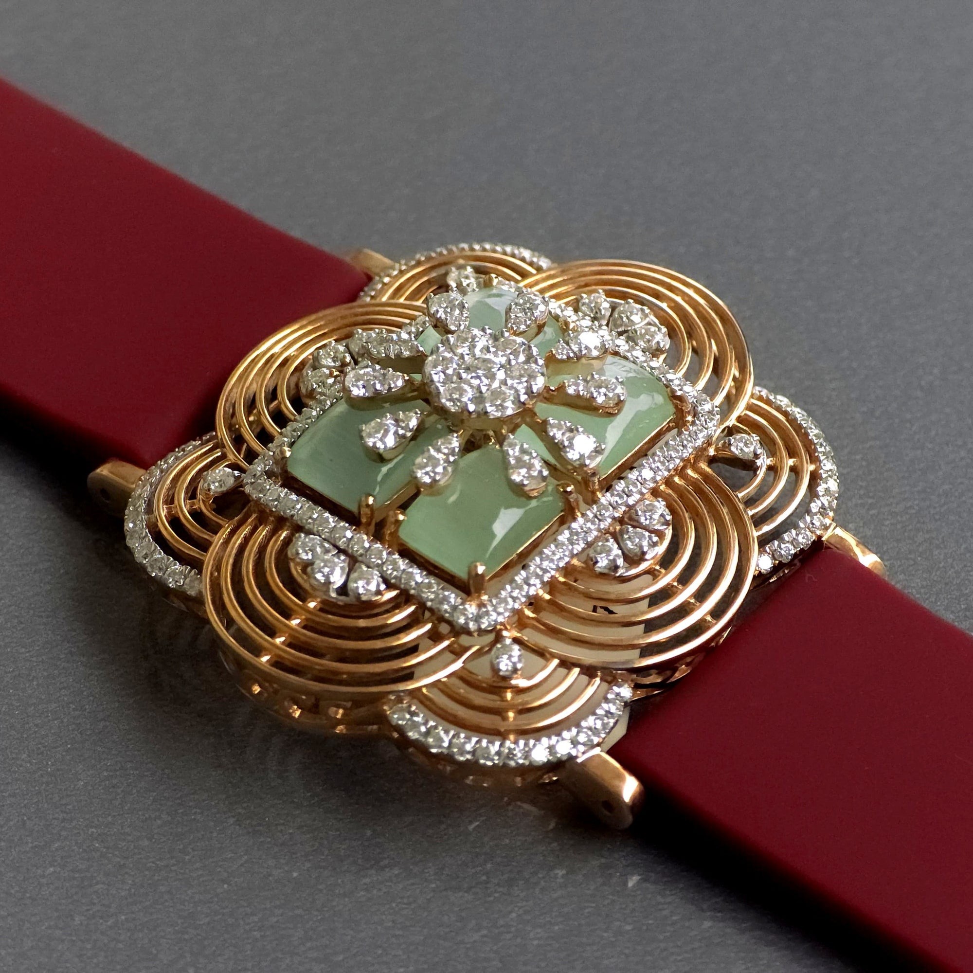 Handcrafted Floral Design In 925 Sterling Silver Bracelet, Real White Moissanites & Green Jade Watch Bracelet, Unique Women's Bracelet