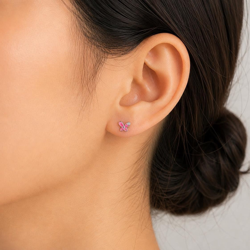 AMONROO® 925 Silver Jewellery for Women - 925 Sterling Silver Pink Butterfly Enamel CZ Stud Earrings, Dainty Butterfly Jewellery | 925 Stamp, Warranty & Authenticity Certificate