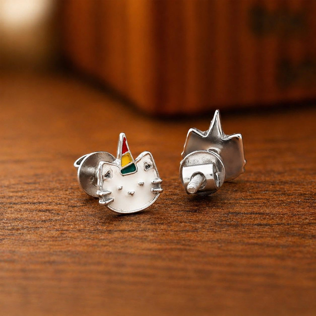 AMONROO® 925 Silver Jewellery for Women - 925 Sterling Silver Caticorn Enamel Stud Earrings, Cat Unicorn Jewellery, Gift for Girls | 925 Stamp, Warranty & Authenticity Certificate