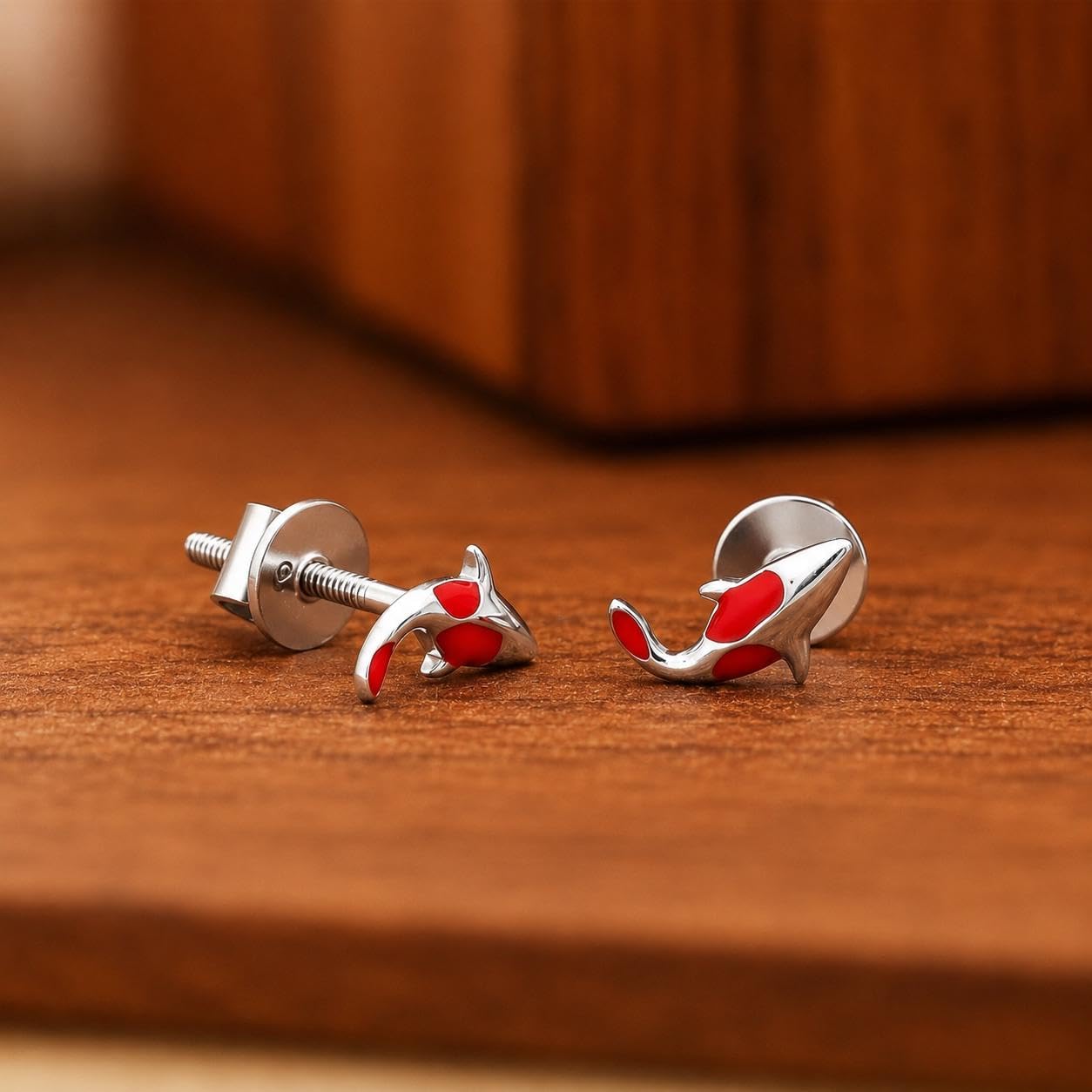 AMONROO® 925 Silver Jewellery for Women - 925 Sterling Silver Red Dolphin Enamel Stud Earrings, Ocean Animal Jewellery, Gift for Women | 925 Stamp, Warranty & Authenticity Certificate