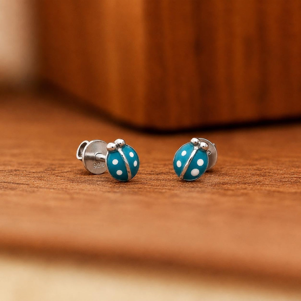 AMONROO® 925 Silver Jewellery for Women - 925 Sterling Silver Blue Ladybug Enamel Stud Earrings, Insect Jewellery, Gift for Women | 925 Stamp, Warranty & Authenticity Certificate