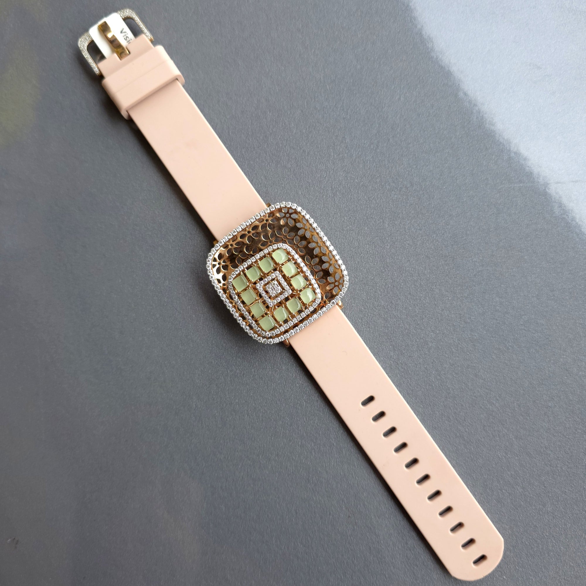 Amazing Floating Squares Floral Design In 925 Sterling Silver Bracelet, Real White Moissanites & Jade Watch Bracelet, Unique Woman Bracelet