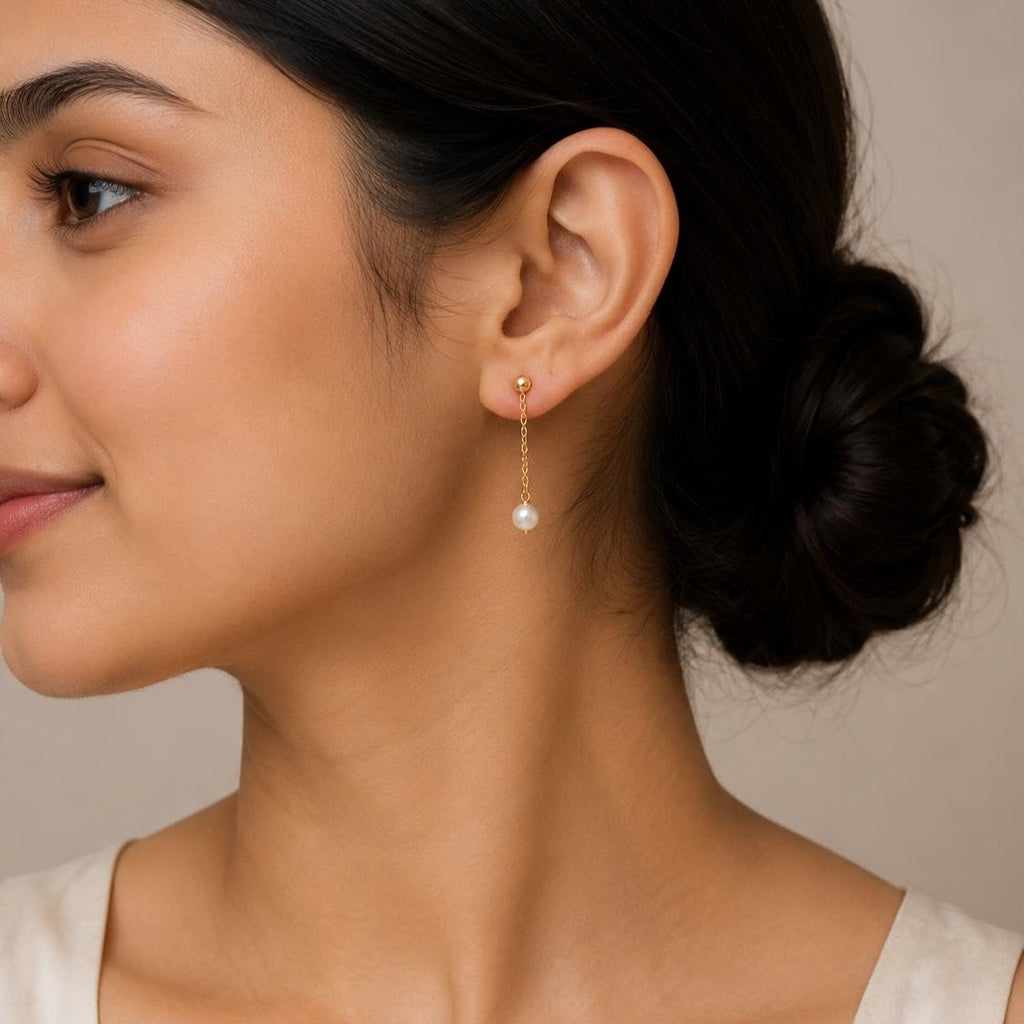 AMONROO® 925 Silver Jewellery for Women - Gold Finish 925 Sterling Silver Pearl Drop Dangle Earrings, Chain Earrings, Bridal Jewellery | 925 Stamp, Warranty & Authenticity Certificate