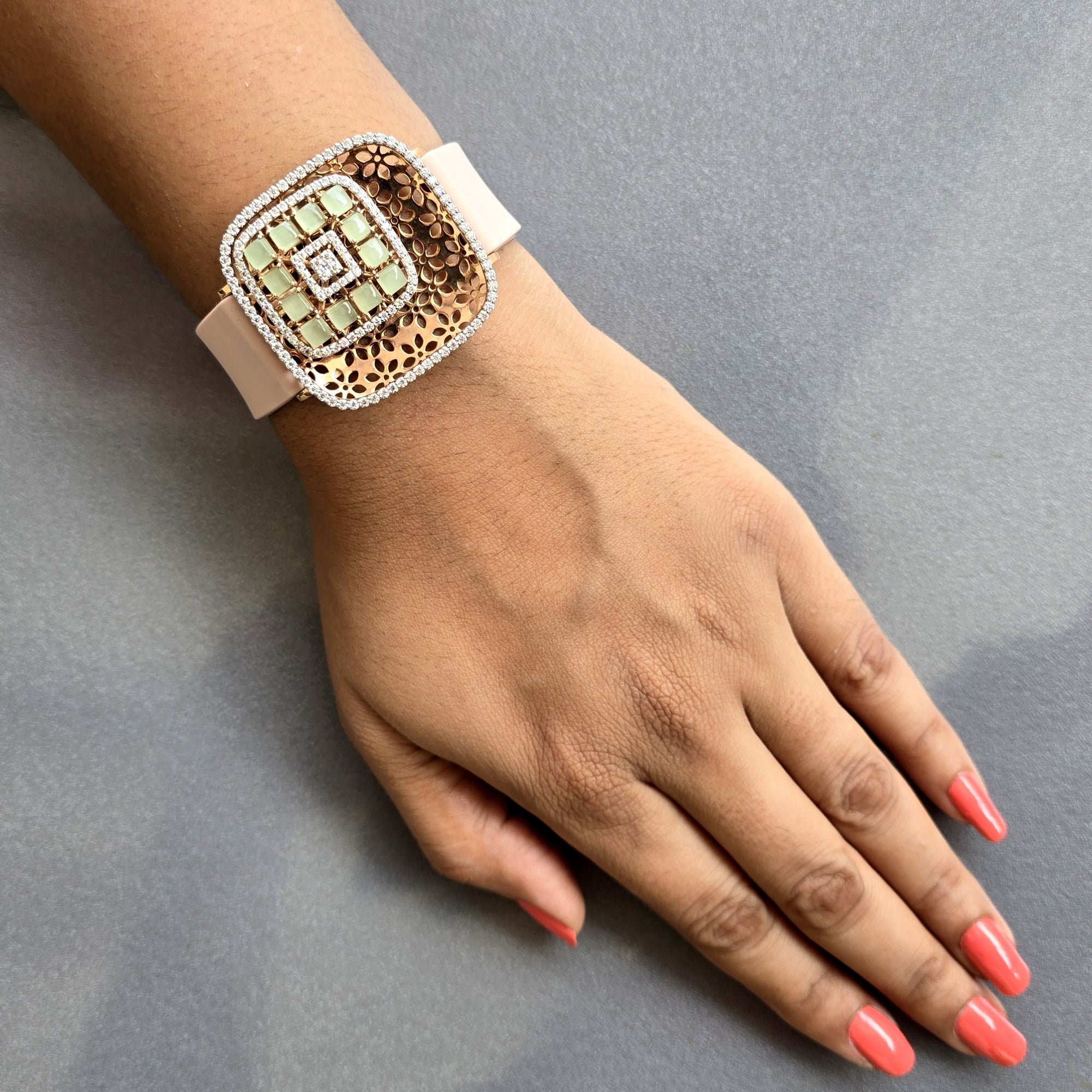 Amazing Floating Squares Floral Design In 925 Sterling Silver Bracelet, Real White Moissanites & Jade Watch Bracelet, Unique Woman Bracelet