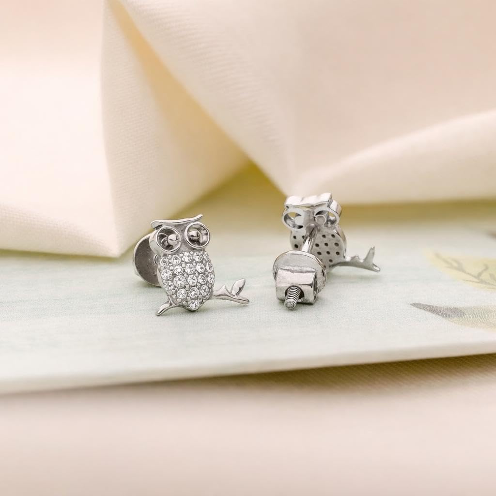 AMONROO® 925 Silver Jewellery for Women - 925 Sterling Silver Owl CZ Stud Earrings, Bird Animal Earrings, Dainty Nature Jewellery | 925 Stamp, Warranty & Authenticity Certificate