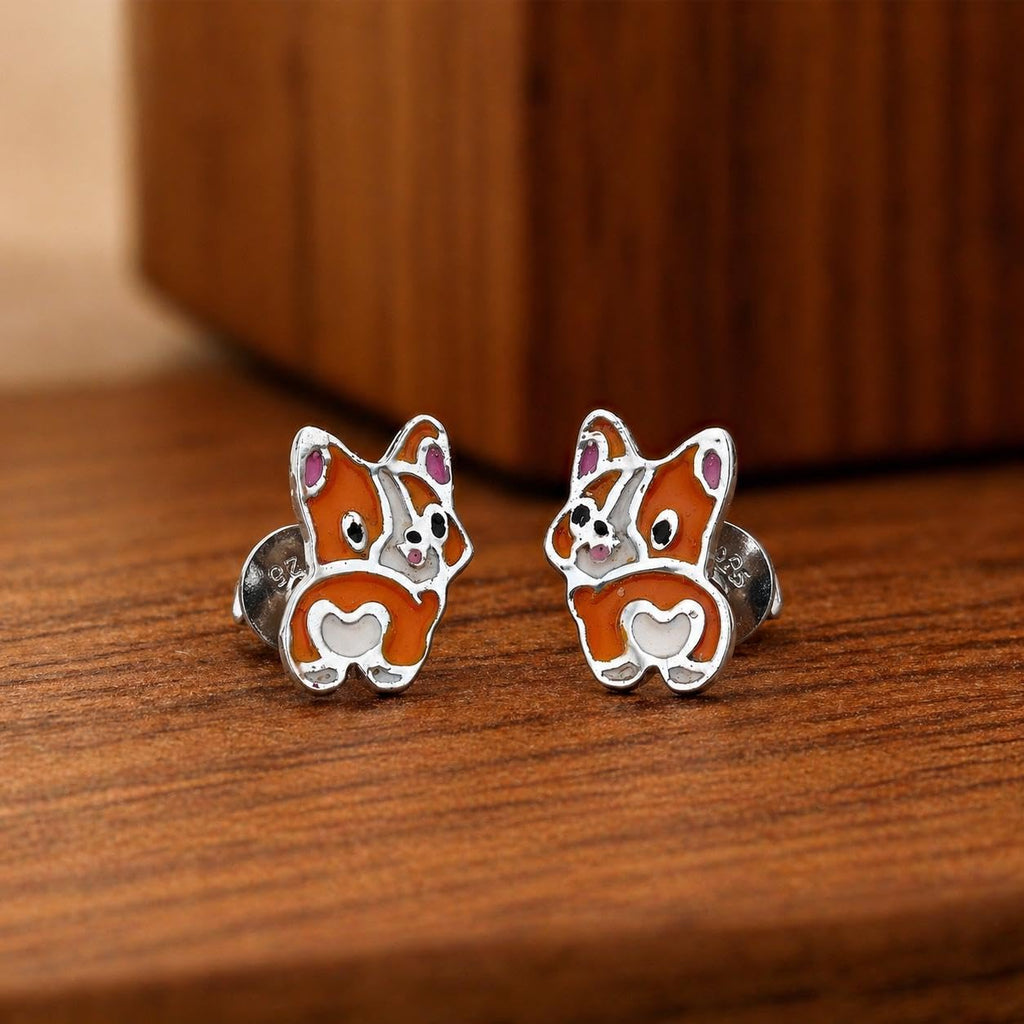 AMONROO® 925 Silver Jewellery for Women - 925 Sterling Silver Corgi Dog Enamel Stud Earrings, Dog Jewellery, Gift for Women | 925 Stamp, Warranty & Authenticity Certificate