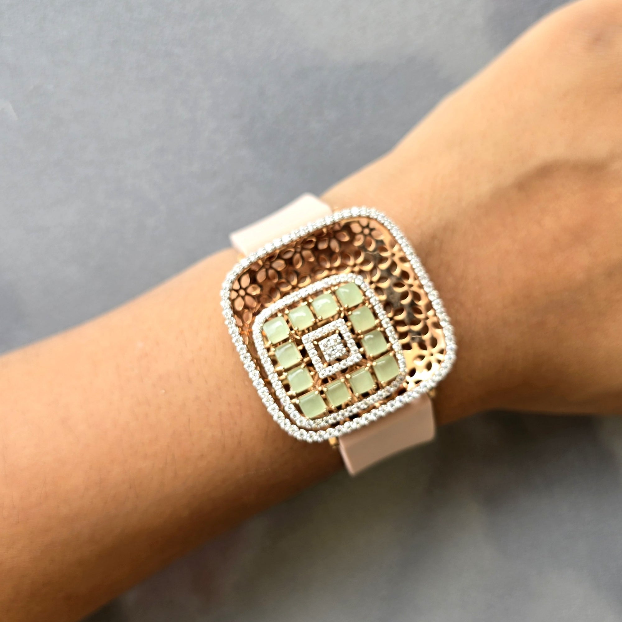 Amazing Floating Squares Floral Design In 925 Sterling Silver Bracelet, Real White Moissanites & Jade Watch Bracelet, Unique Woman Bracelet