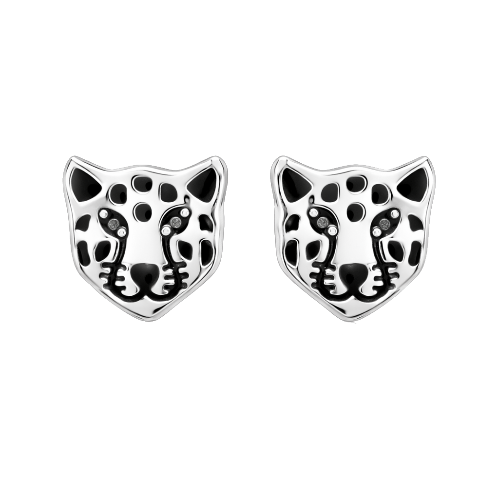 925 Sterling Silver Leopard Stud Earrings Black Enamel Animal Jewelry