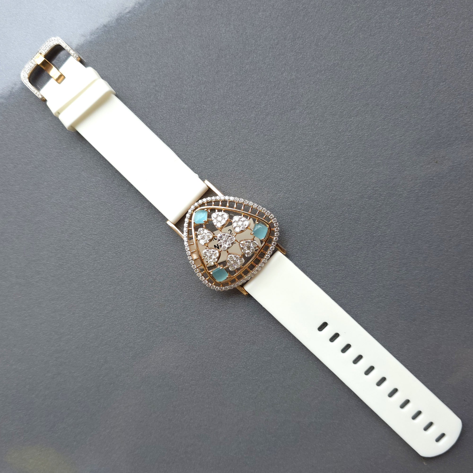 Amazing Triangle Dome Floral Design In 925 Sterling Silver Bracelet, Real White Moissanites & Jade Watch Bracelet, Unique Woman Bracelet