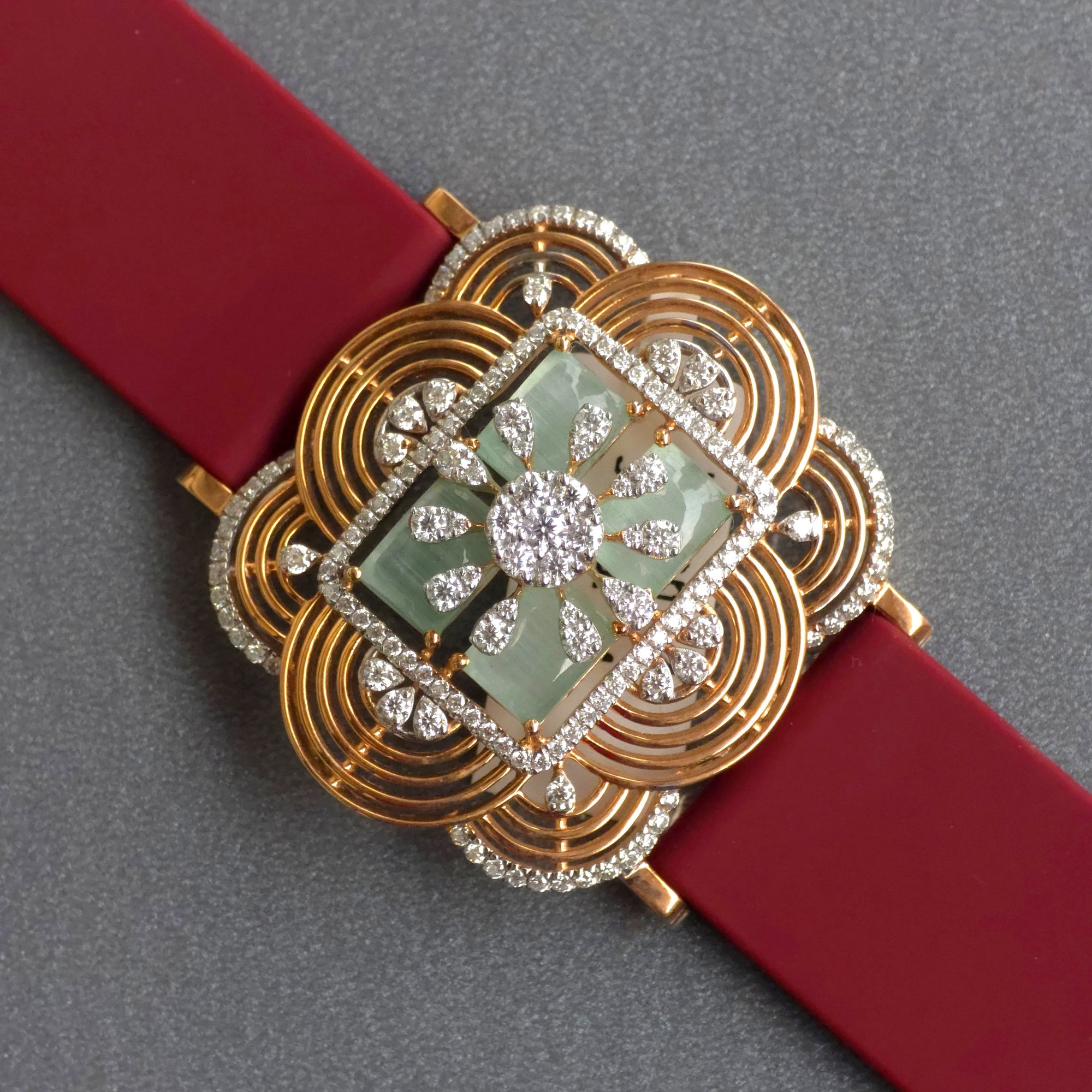 Handcrafted Floral Design In 925 Sterling Silver Bracelet, Real White Moissanites & Green Jade Watch Bracelet, Unique Women's Bracelet