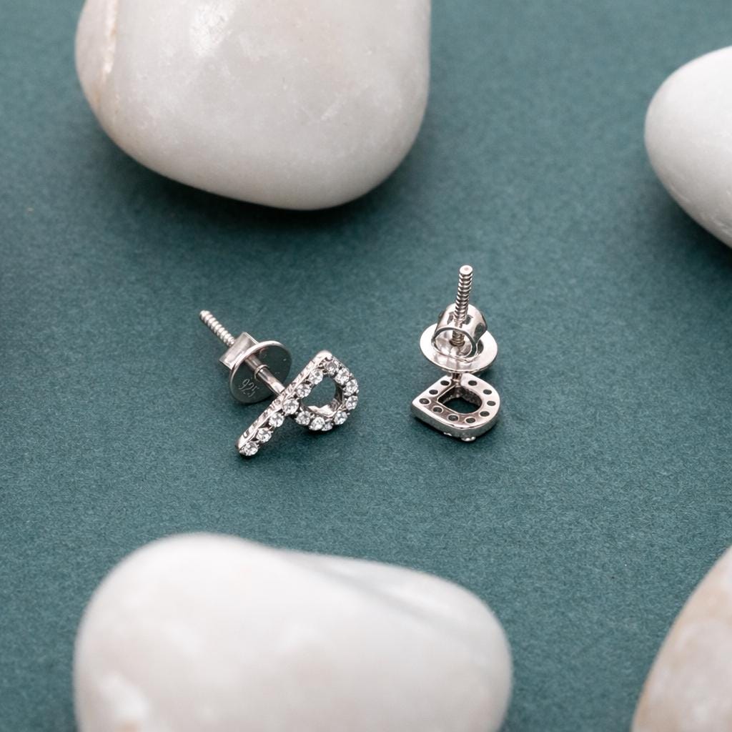 925 Sterling Silver P Stud Earrings CZ Pave Letter P Initial Earrings Minimalist Alphabet Jewelry Gift for Her