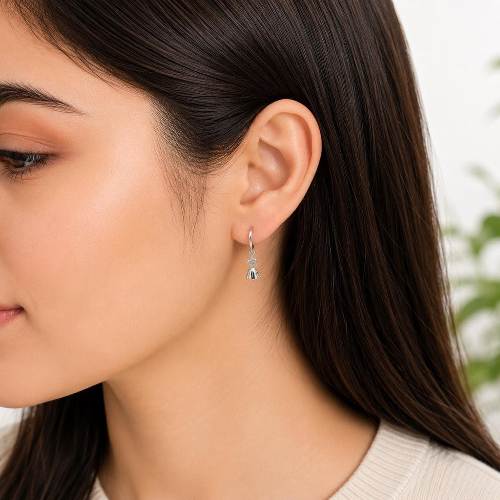 AMONROO® 925 Silver Jewellery for Women - 925 Sterling Silver Bell Flower Dangle Hoop Earrings, Floral Huggie Earrings, Daily Wear | 925 Stamp, Warranty & Authenticity Certificate
