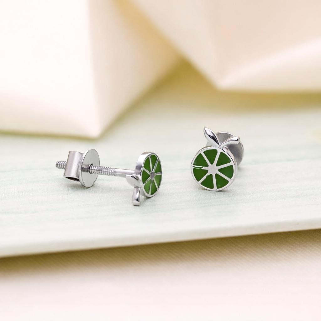 AMONROO® 925 Silver Jewellery for Women - 925 Sterling Silver Lime Slice Green Enamel Stud Earrings, Fruit Design Jewellery | 925 Stamp, Warranty & Authenticity Certificate