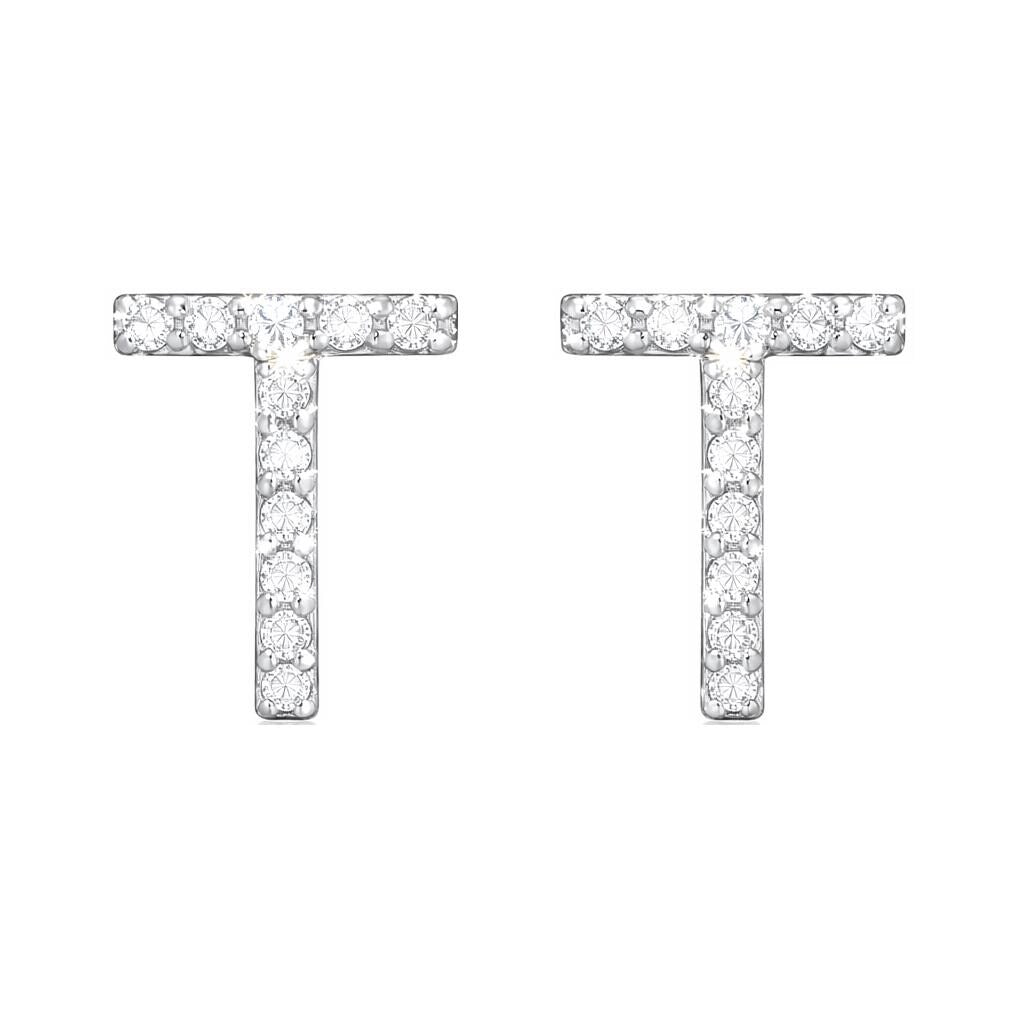 Sterling Silver CZ Initial Stud Earrings, Personalized Letter T