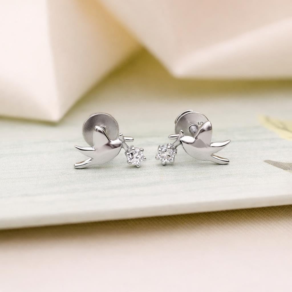 AMONROO® 925 Silver Jewellery for Women - 925 Sterling Silver CZ Bird Stud Earrings, Dove Design Earrings, Dainty Daily Wear Jewellery | 925 Stamp, Warranty & Authenticity Certificate