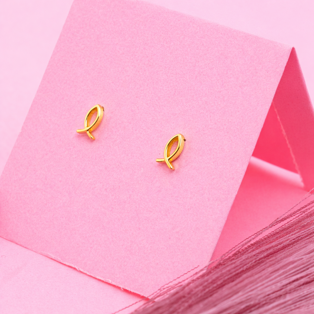 Gold Finish  925 Sterling Silver Fish Stud Earrings Minimalist Faith Jewelry