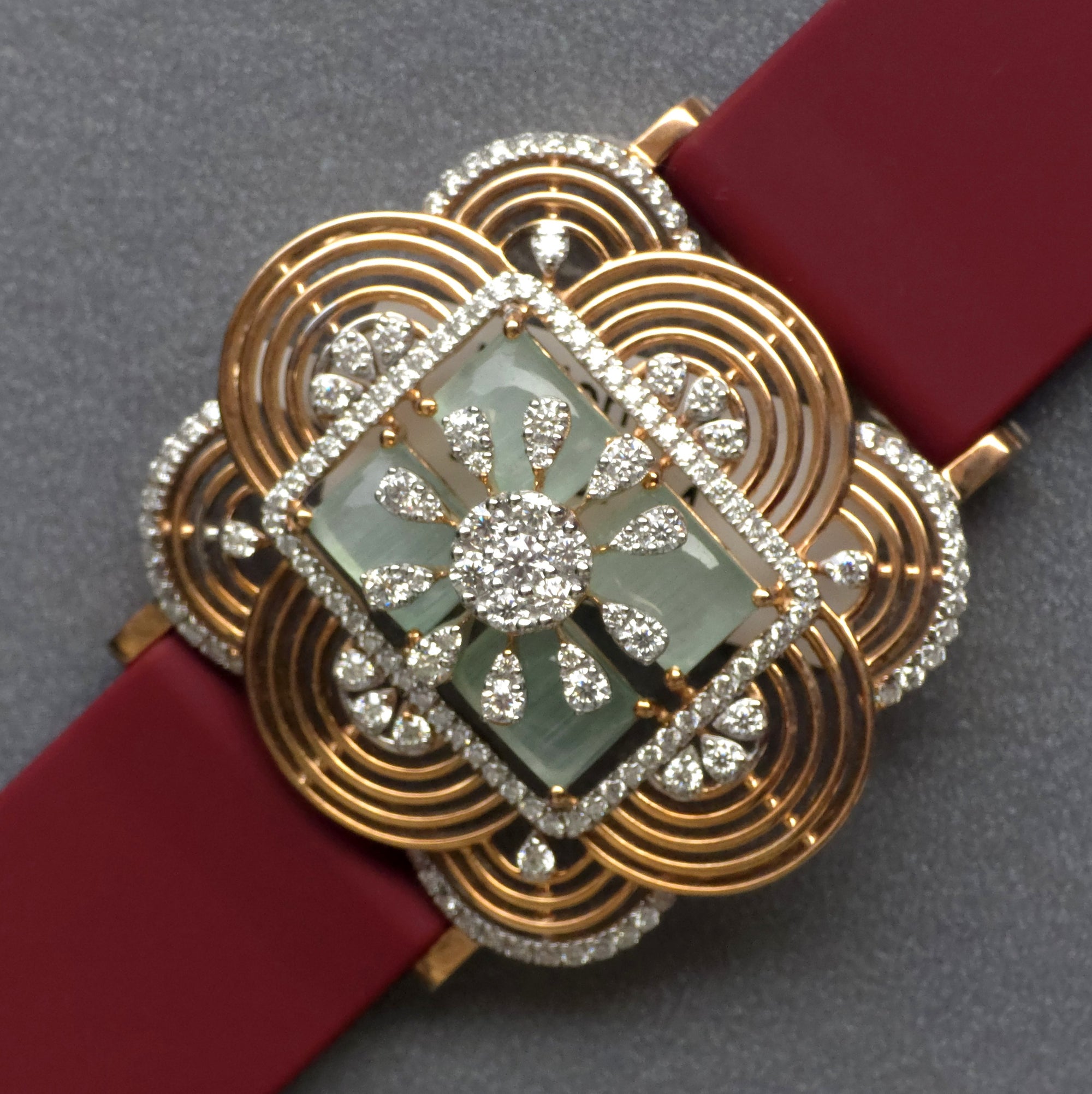 Handcrafted Floral Design In 925 Sterling Silver Bracelet, Real White Moissanites & Green Jade Watch Bracelet, Unique Women's Bracelet