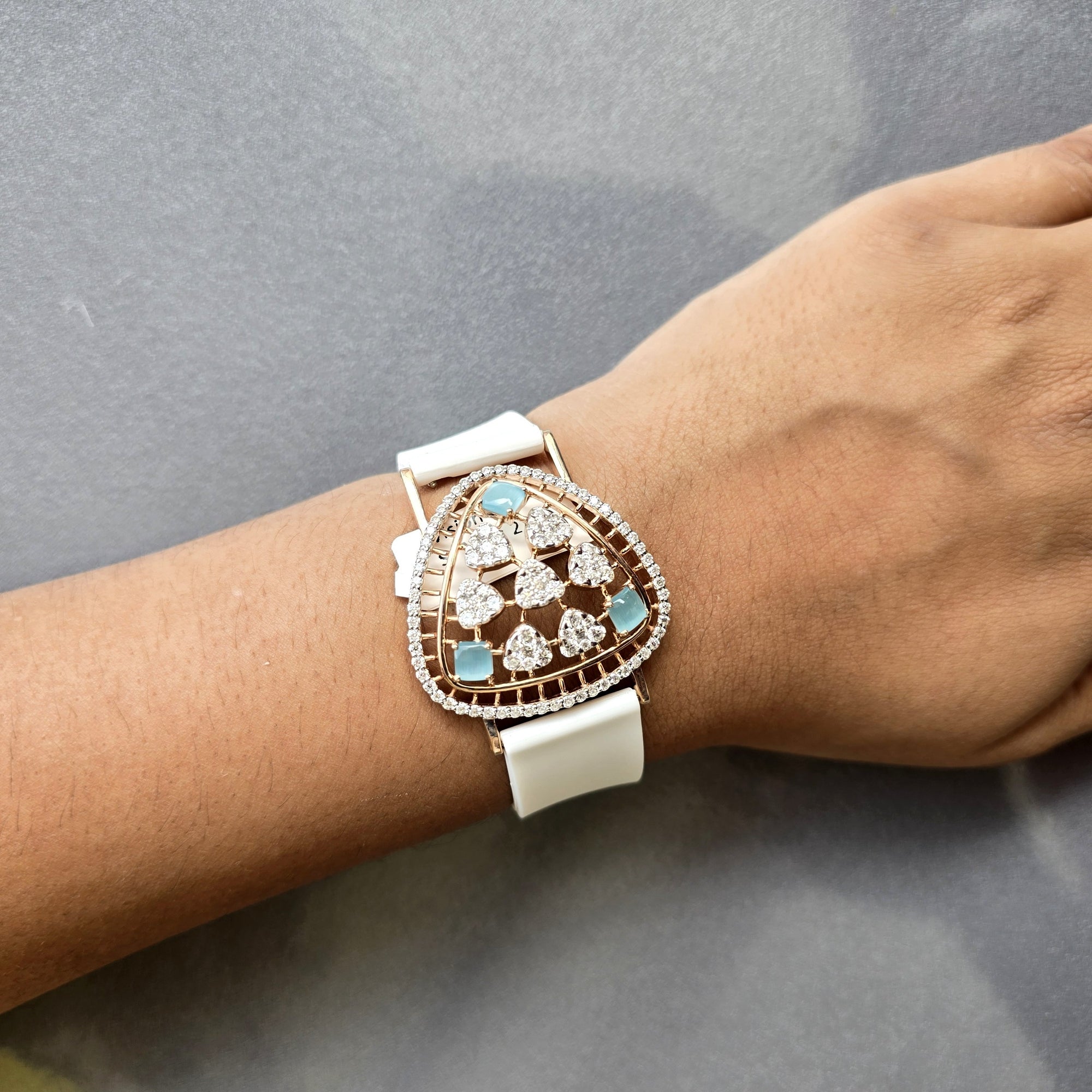 Amazing Triangle Dome Floral Design In 925 Sterling Silver Bracelet, Real White Moissanites & Jade Watch Bracelet, Unique Woman Bracelet